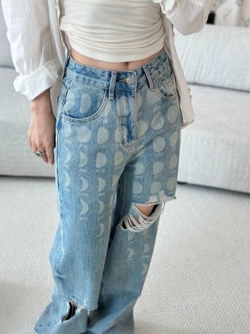 Quần jeans nữ ống suông rách in hoạ tiết đẹp độc VIP 1:1