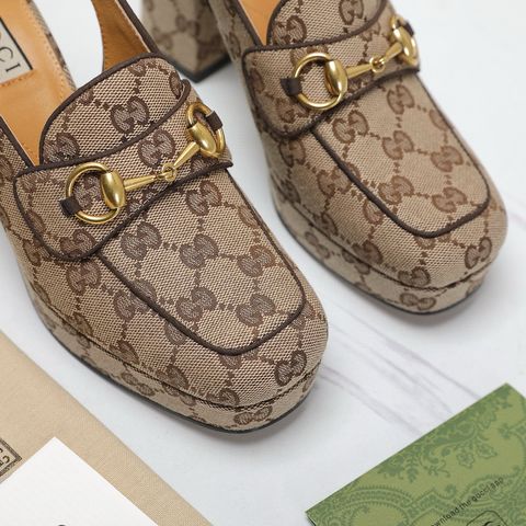 Giày cao gót GUCCI* gót to cao 9cm hoạ tiết logo canvas đẹp sang thanh lịch 2 màu VIP 1:1