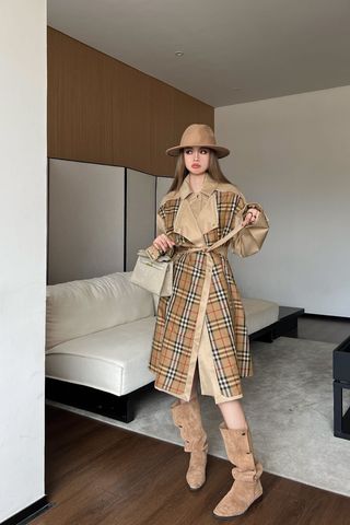 Áo măng tô kaki Burberry* dáng dài phối kẻ đẹp VIP 1:1