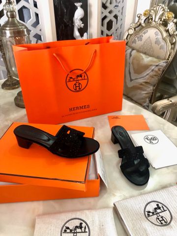 Dép nữ Hermes* da lộn gót vuông cao 5cm đính đá đẹp sang VIP 1:1