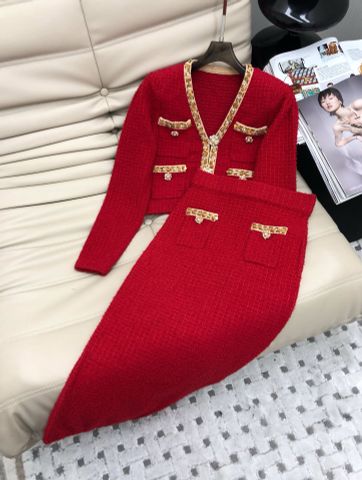 Bộ váy tweed màu đỏ viền thêu hạt đẹp sang VIP 1:1