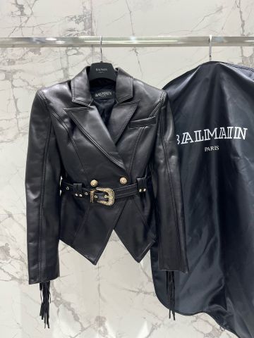 Áo khoác da BALMAIN* đai eo kiểu đẹp độc lạ VIP 1:1