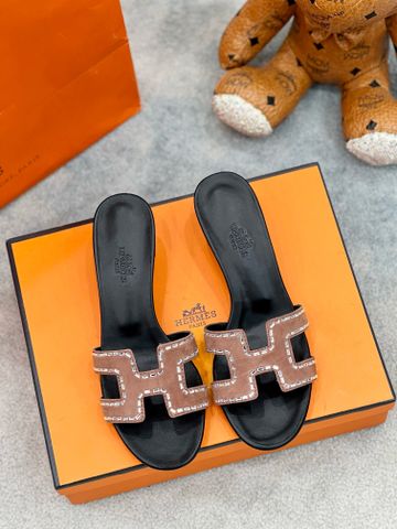 Dép nữ Hermes* da lộn viền đá loại bệt và cao 5cm VIP 1:1