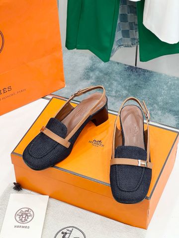 Giày nữ Hermes* gót vuông cao 5cm dáng hở gót da bò xịn đẹp thanh lịch VIP 1:1