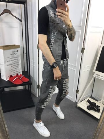 Bộ jeans nam quần jogger và áo gile jeans