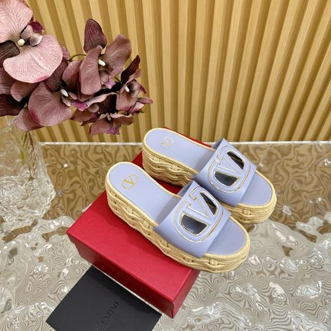 Dép đế xuồng cói VALENTINO* cao 8,5cm quai da bò logo đẹp VIP 1:1