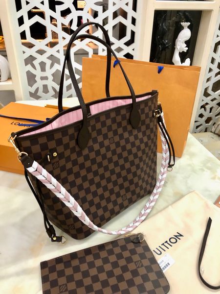 Túi xách nữ LV* never full hoạ tiết karo nâu lót hồng kèm quai da đan đẹp  SIÊU CẤP