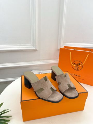 Dép cao gót Hermes* cao 6,5cm quai da lộn xịn đẹp VIP 1:1