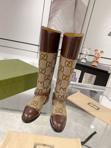 Boot GUCCI* cổ cao gần gối hoạ tiết logo phối da bò lỳ đẹp VIP 1:1