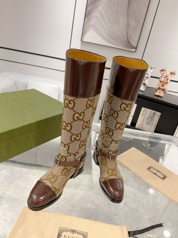 Boot GUCCI* cổ cao gần gối hoạ tiết logo phối da bò lỳ đẹp VIP 1:1