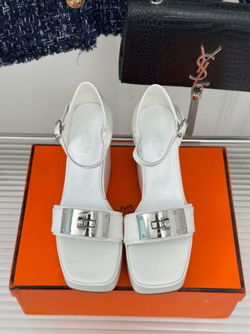 Sandal nữ đế xuồng Hermes* cao 10cm da bò khóa bạc bản to đẹp VIP 1:1