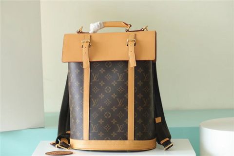 Ba lô LV* nam nữ hoạ tiết Monogram nâu phối da vàng camel cực đẹp VIP 1:1