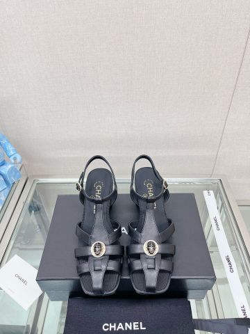 Sandal nữ CHA*NEL* gót vuông cao 5cm da bò đan rọ đẹp VIP 1:1