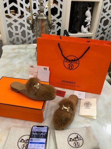 Sục lông Hermes* da lộn phối Lông thú logo vàng đẹp sang VIP 1:1