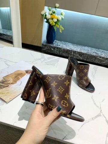 Dép cao gót LV* gót to cao 9,5cm hoạ tiết Monogram dáng đẹp dễ đi chắc chân