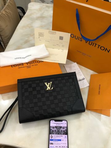 Clutch LV* nam nữ da bò dập karo khoá vàng đẹp 