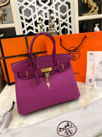 Túi xách nữ Hermes* Bỉkin khoá vàng da bò togo mềm phối vân cá sấu đẹp sang SIÊU CẤP