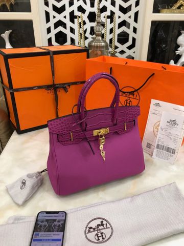 Túi xách nữ Hermes* Bỉkin khoá vàng da bò togo mềm phối vân cá sấu đẹp sang SIÊU CẤP