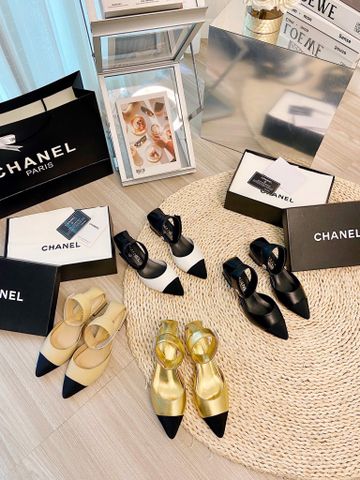 Giày nữ chanel* mũi nhọn gót vuông cao 4cm quai da bò nẹp chữ đẹp sang có 3 màu 35-40