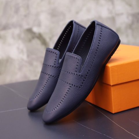 Giày lười Hermes* SIÊU CẤP da bò mềm viền dập lỗ đẹp lịch lãm màu xanh và đen