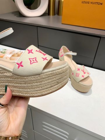 Sandal nữ đế xuồng cói LV* cao 10cm quai vải thêu hoạ tiết Monogram đẹp SIÊU CẤP