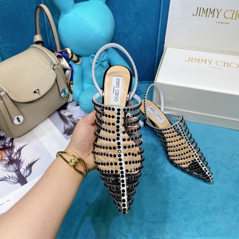 Giày cao gót JIMMY* CHOO* cao 6,5cm quai trong đính đá đen đẹp sang SIÊU CẤP