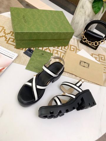 Sandal nữ GUCCI* cao 6cm quai da đan chéo phối màu đẹp