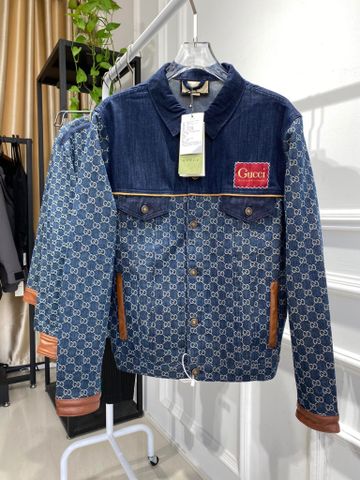 Áo khoác jeans GUCCI* nam nữ hoạ tiết logo viền da nâu đẹp SIÊU CẤP