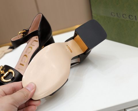 Sandal cao gót GUCCI* quai da bò gót vuông cao 7,5cm logo vàng đẹp sang cao cấp