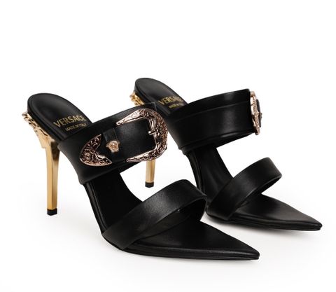 Sandal cao gót VERSACE* cao 10cm quai da bò gót tráng vàng logo đẹp sang