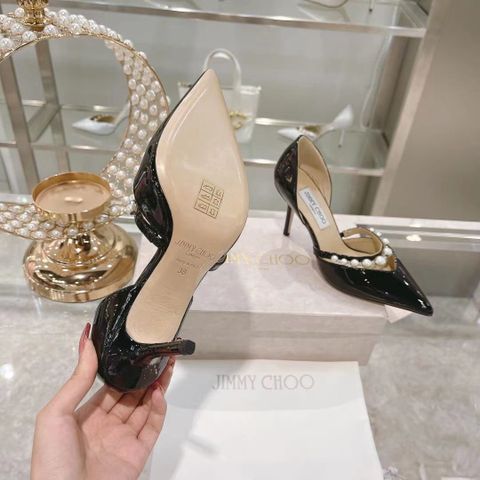 Giày cao gót JIMMY* CHOO* da bóng cao 8,5cm đai ngọc đẹp sang SIÊU CẤP