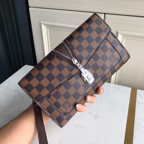 Clutch LV* nam nữ size 26cm khoá số bạc hoạ tiết Monogram karo nâu đẹp 1