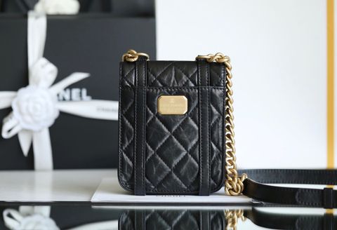 Túi xách nữ chanel* mini da cừu nhăn xích vàng 17x14cm