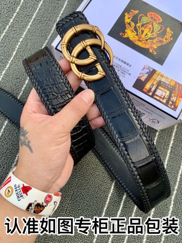 Belt nam GUCCI* bản 3,8cm dây vân cá sấu viền đan da bò đẹp