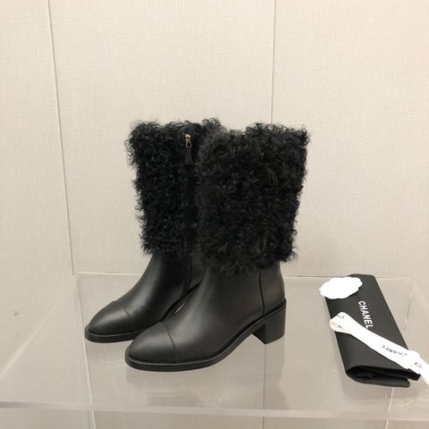 Boot chanel* da bò lỳ pha lông xù gót vuông 5cm kiểu đẹp độc SIÊU CẤP