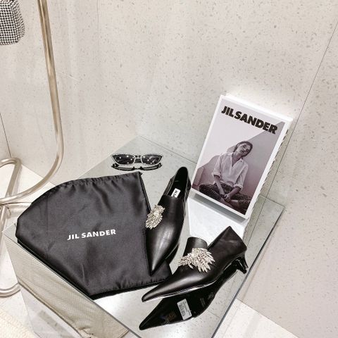 Giày nữ JIL SANDER* cao 4cm da bò lỳ mũi nhọn nạm đá đẹp sang SIÊU CẤP