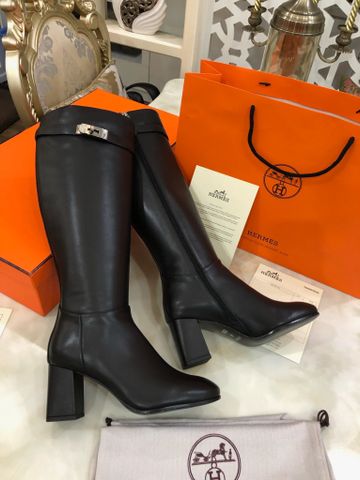 Boot Hermes* cổ cao gần gối da bò lỳ mềm gót vuông 7cm