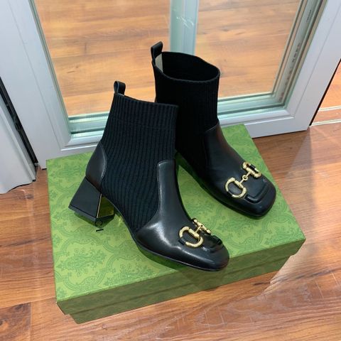 Boot GUCCI* gót vuông 5,5cm da bò cổ phối len khoá vàng đẹp SIÊU CẤP