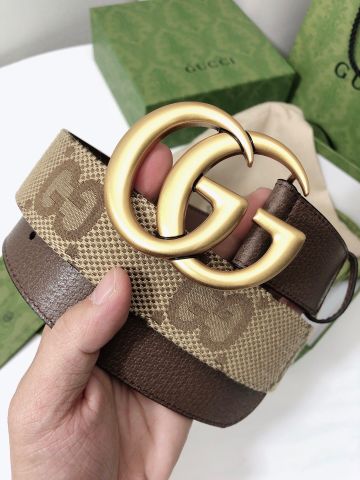 Belt nam nữ GUCCI* bản 4cm dây hoạ tiết Logo phối da tone nâu đẹp sang