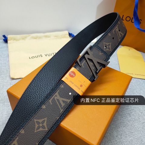 Belt nam LV* bản 4cm dây da dùng 2 mặt hoạ tiết Monogram và mặt da đen