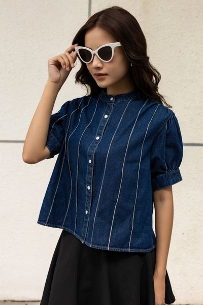 Áo Denim Tay Phồng Cổ Trụ Xếp Ly Gân - Denim Tops Puffed Collar Pleated Ribbed - 222WD2013F2990