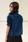 Áo Denim Tay Phồng Cổ Trụ Xếp Ly Gân - Denim Tops Puffed Collar Pleated Ribbed - 222WD2013F2990