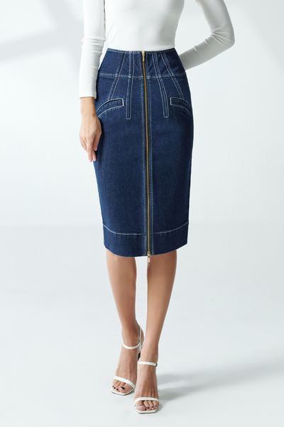 Chân Váy denim dáng bút chì, dây kéo trước. Zip front Denim Skirt - 220WD1112F1980