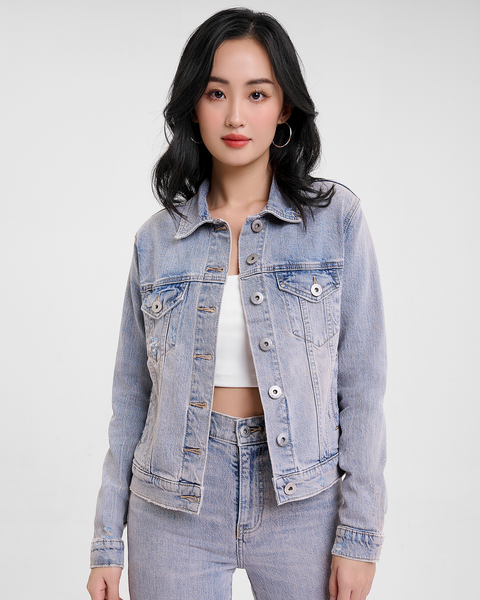 Áo Khoác Denim Nữ Dáng Rộng Phủ Hồng. Purple Pink Tint Wash Denim Jacket - 221WD1044F1510