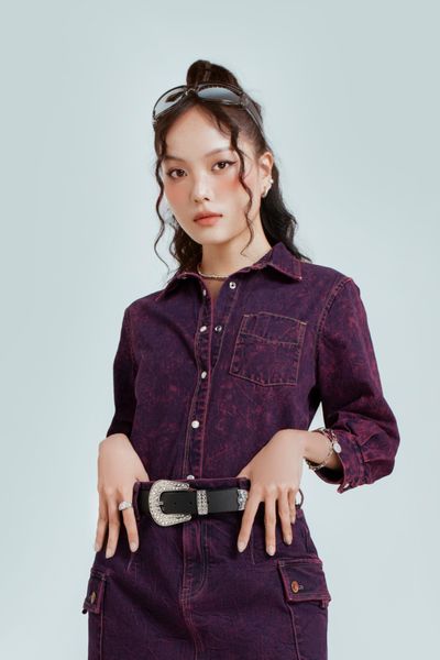 Áo Sơ Mi Nữ Dáng Vừa Nhuộm Phun Màu Tím - Women's Regular Fit Purple Shirt With Dyed Scarf Tie. 123WD1039F1570