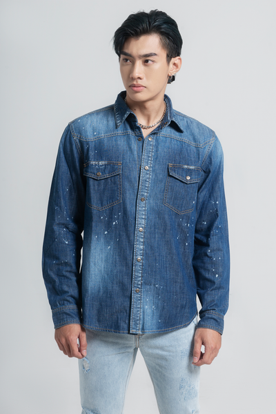 Áo Sơ Mi Denim Dáng Rộng Vẩy Sơn. Paint Splatter Effect Denim Shirt - 220MD4034F2950