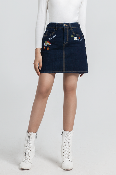 Chân Váy Chữ A Thêu Happy. 'Happy' Embroidered Denim Skirt - 121WD1111A2993