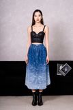 Váy Denim Dáng Xòe Midi Xếp Ly Laser Họa Tiết Nước. Laser Pleated Midi Flared Denim Skirt with Water Pattern - 223WD2115F1930