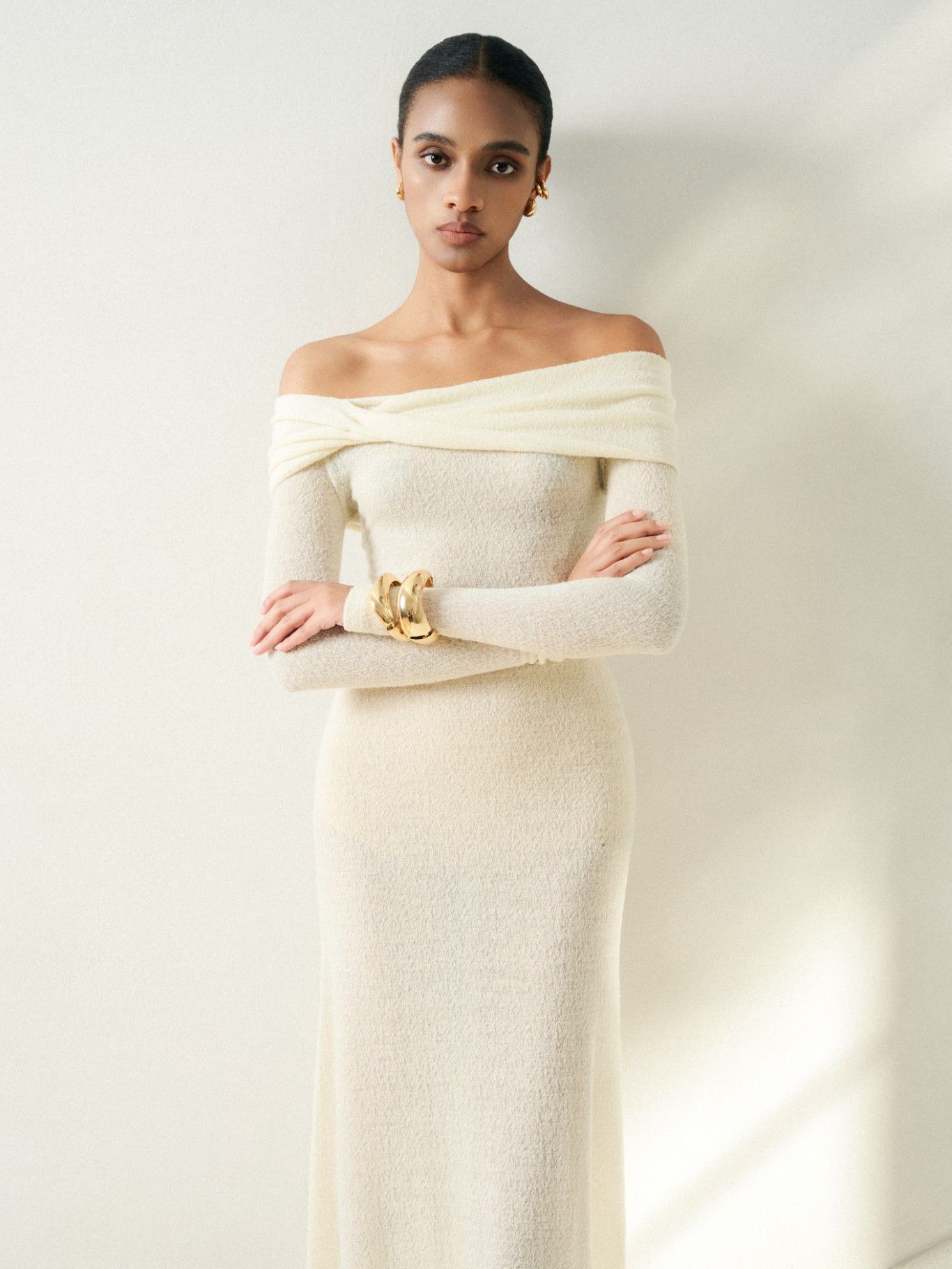 LUMI WOOL LACY JACQUARD LONG WHITE DRESS