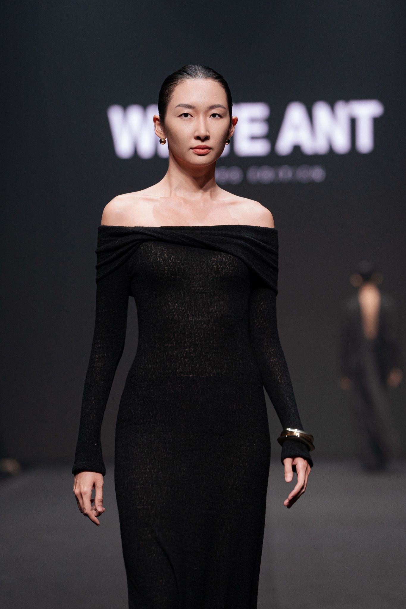 LUMI WOOL LACY JACQUARD LONG BLACK DRESS